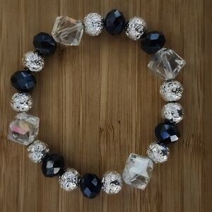 Handmade Blue, Crystal and Silver Beaded Bracelet